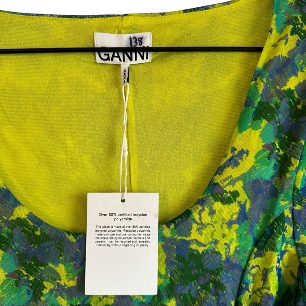 GANNI Ruched‎ floral printed Green 12 stretch-mesh midi dress - Picture 7 of 10